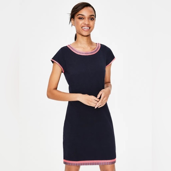 Boden Sena Embroidered Jersey Knit Dress Navy Pink 6R UK10 Classic Summer Spring - Picture 3 of 10